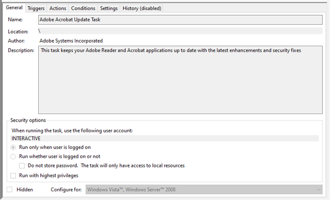 The General tab for a task in Task Scheduler