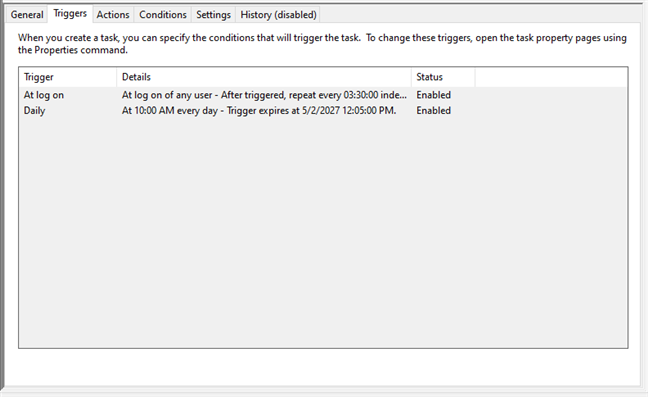 The Triggers tab for a task in Task Scheduler