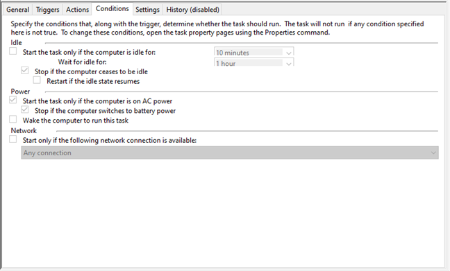 The Conditions tab for a task in Task Scheduler