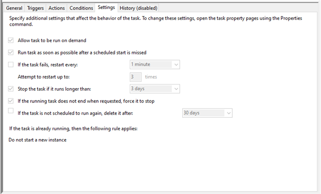 The Settings tab for a task in Task Scheduler