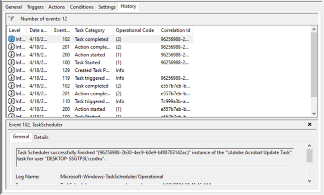 The History tab in Task Scheduler