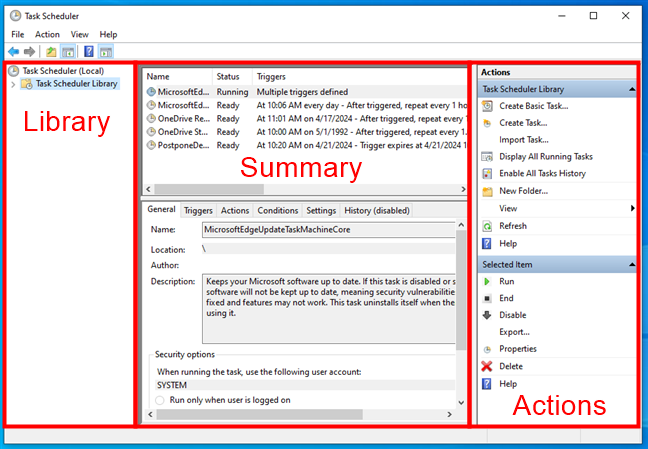 Task Scheduler initial panels in Windows
