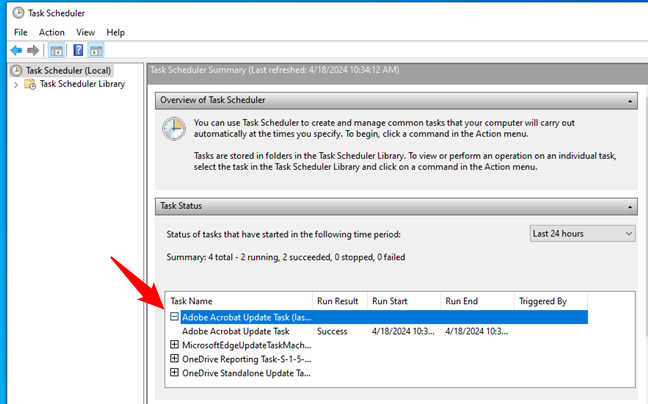 Display the details for a task in the Task Status section of the Task Scheduler