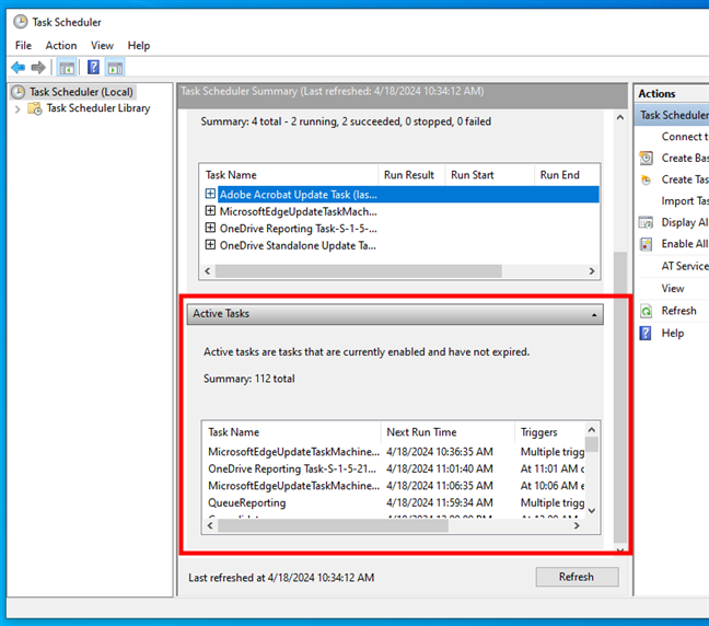 Active Tasks panel in the Task Scheduler Summary