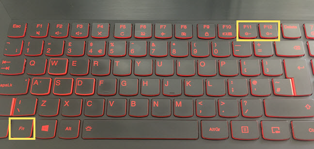 The brightness shortcut keys on a Lenovo gaming notebook