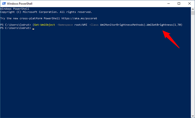Use a PowerShell command to change the brightness level