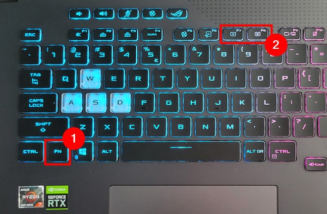 The brightness shortcut keys on an ASUS ROG gaming laptop