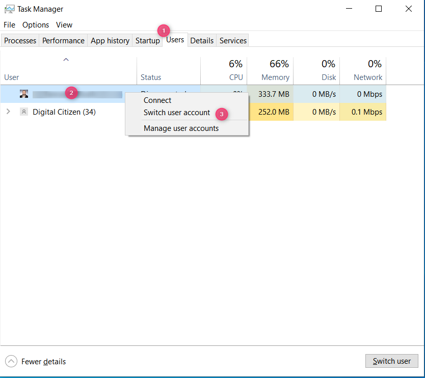 Switch user account from Task Manager