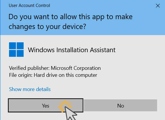 Confirm that you want to run the Windows Installation Assistant