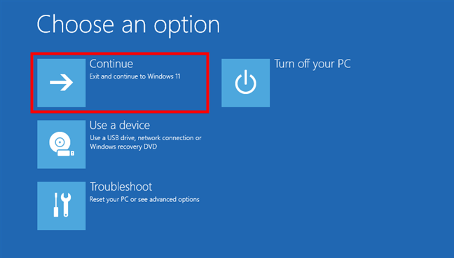 Choose Continue to start Windows 11 in Safe Mode with Command Prompt