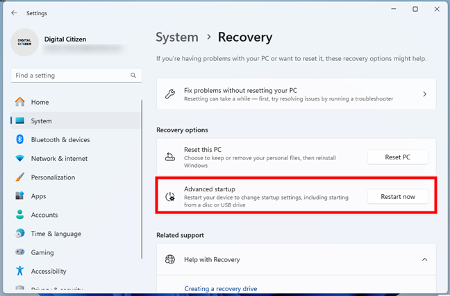 Restart now in Advanced startup