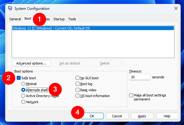 Enable Safe Boot and select Alternate shell in msconfig