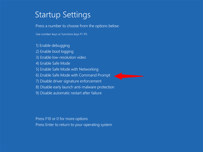 Press 6 or F6 to start Safe Mode with Command Prompt