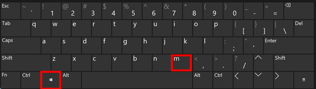 The Win + M shortcut shows the desktop