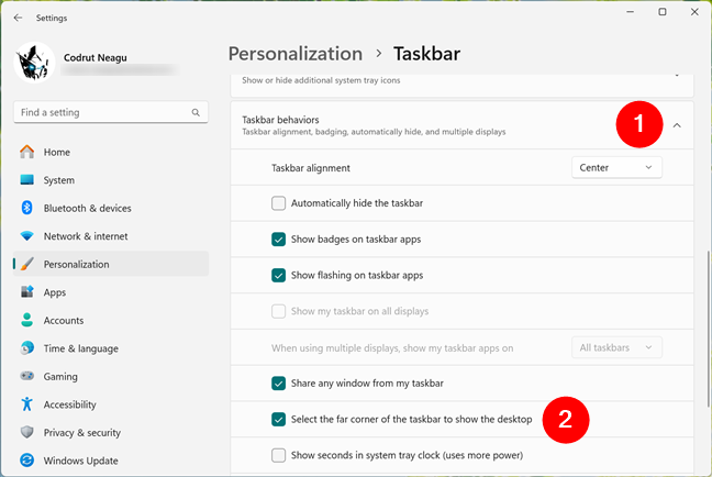 Enable Select the far corner of the taskbar to show the desktop