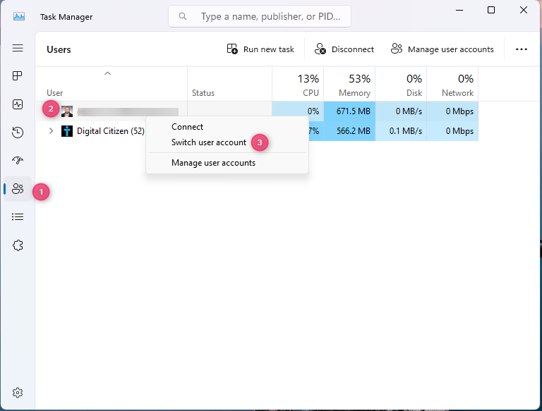 Switch user account from Task Manager