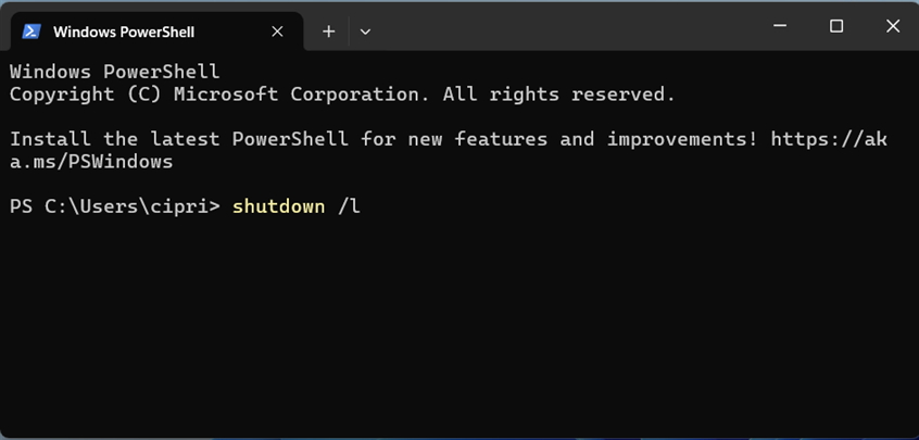 Run shutdown /l in PowerShell or CMD