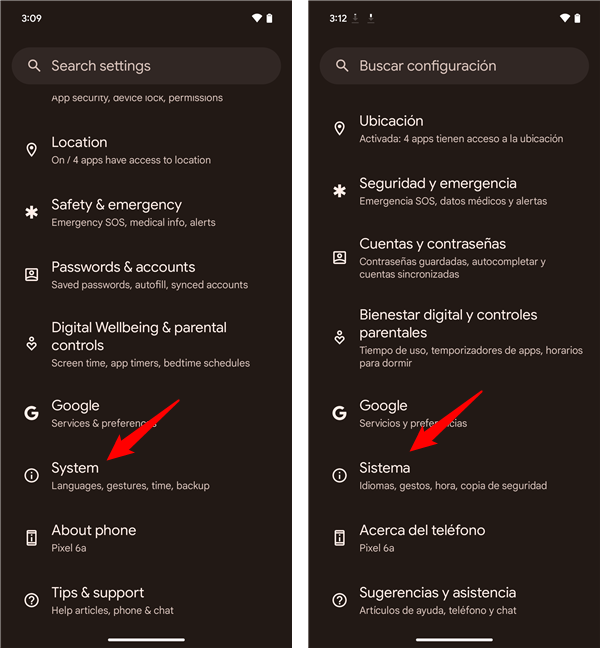 Go to System settings on Android
