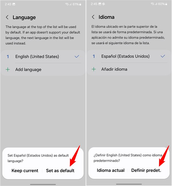 Tap Set as default to change the language on your Samsung device