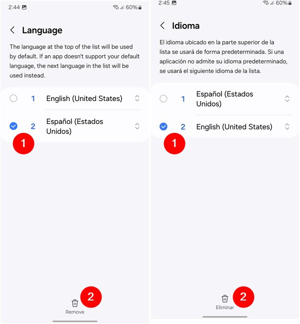 Select the language and tap Remove