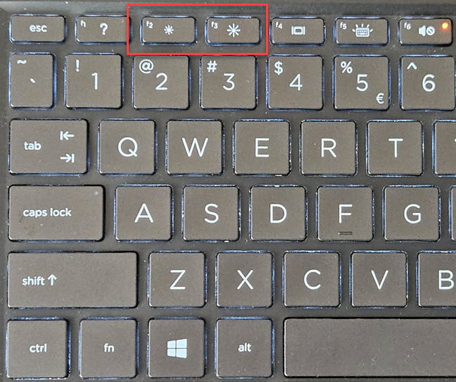The brightness shortcut keys on an HP laptop