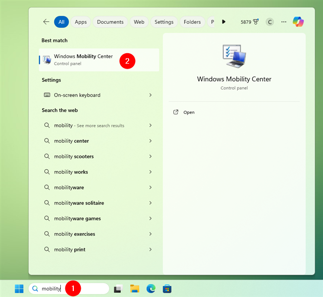 Search for and open Windows Mobility Center in Windows 11