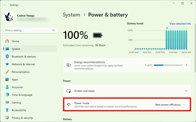 Enable the Best power efficiency mode