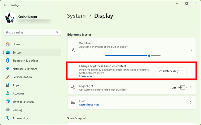 Change brightness based on content On Battery Only