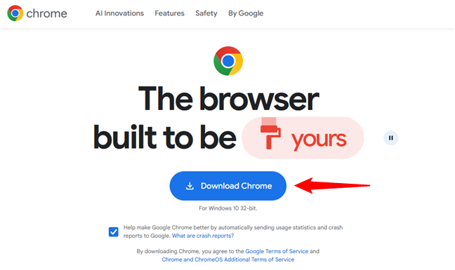 The Download Chrome link on the Chrome website