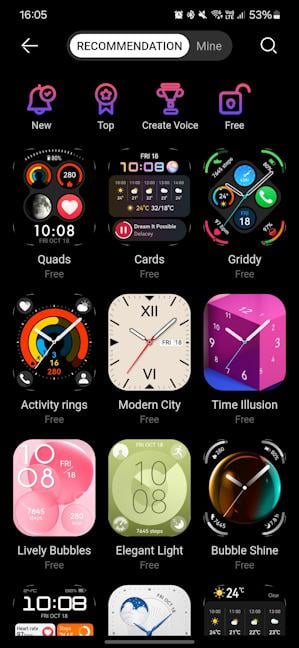 Some of the watch faces available for the HUAWEI WATCH FIT 3