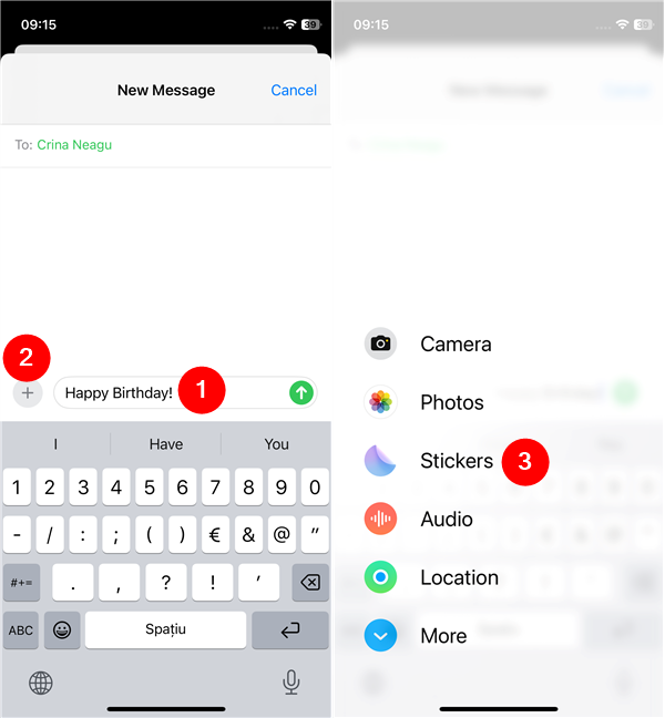 Type a message, tap plus, and select Stickers