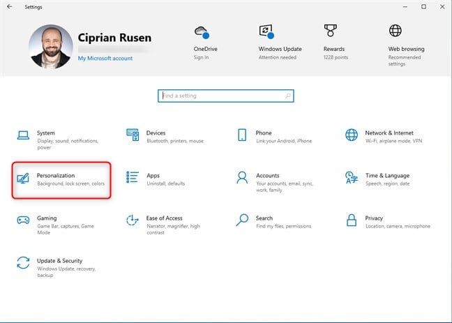 In Windows 10 Settings, go to Personalization