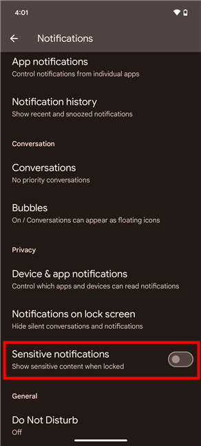 Disable Sensitive notifications