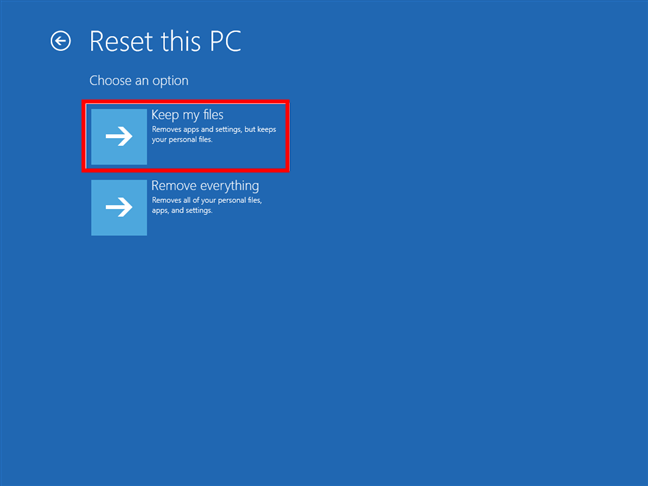 Choose Keep my files on the Reset this PC screen