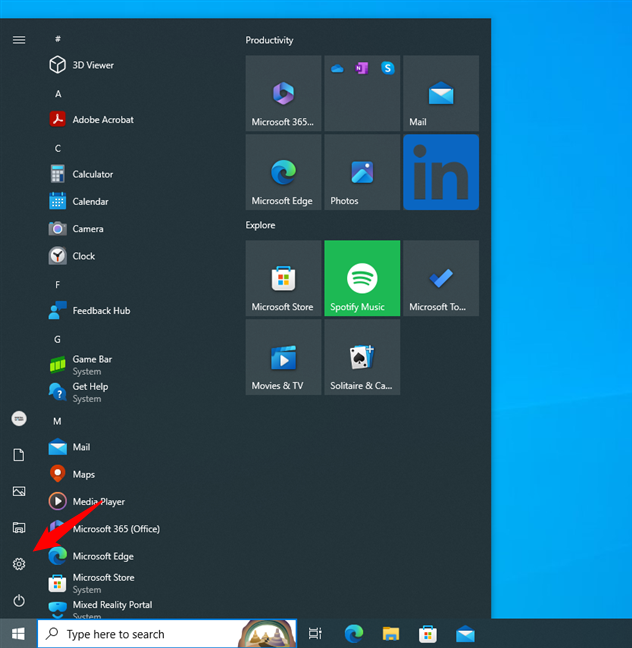 Open Settings from the Start Menu in Windows 10