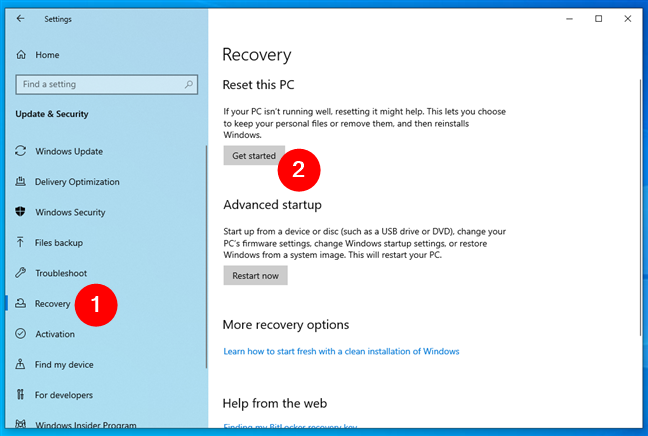 Get started with the reset process in Windows 10