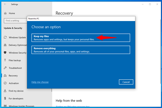 Choose Keep my files when resetting your PC