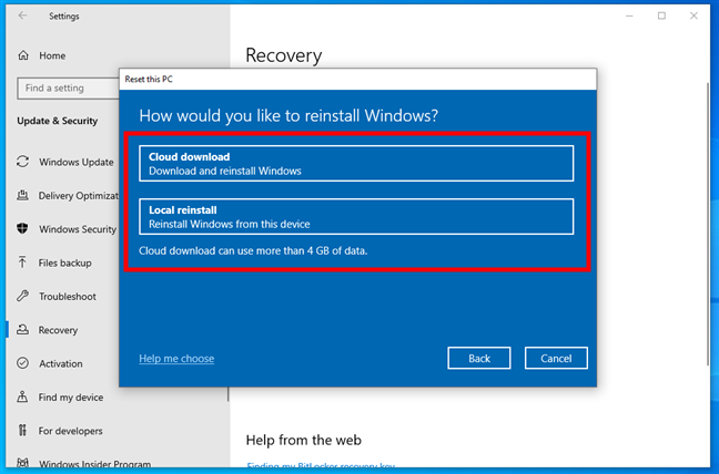 Select Cloud download or Local reinstall of Windows 10