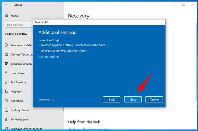 Additional settings for the Windows 10 reset