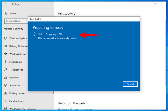 Preparing to reset Windows 10