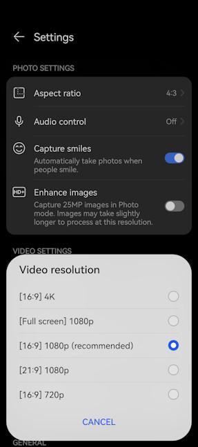 The resolutions for recording videos on the HUAWEI Pura 70 Ultra