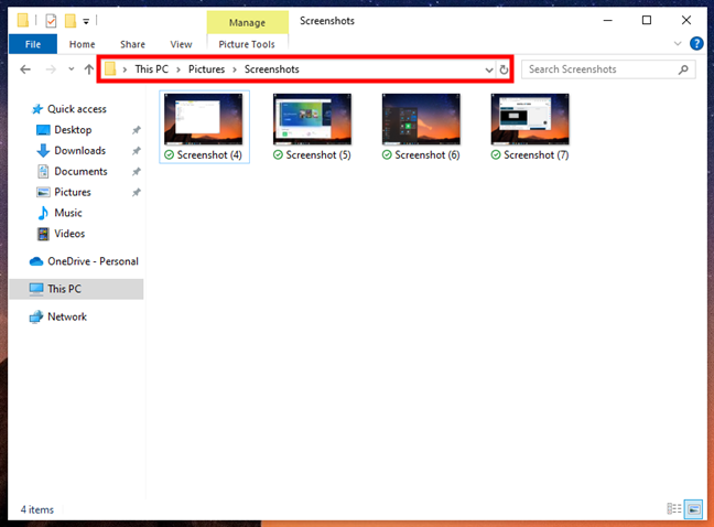 Screenshots location in Windows 10