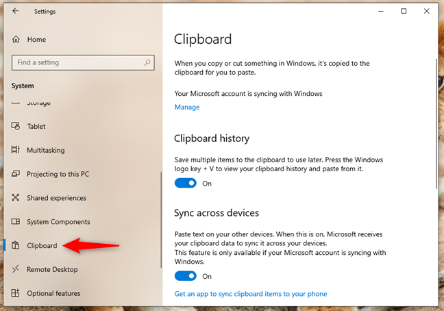 Select Clipboard in the left sidebar