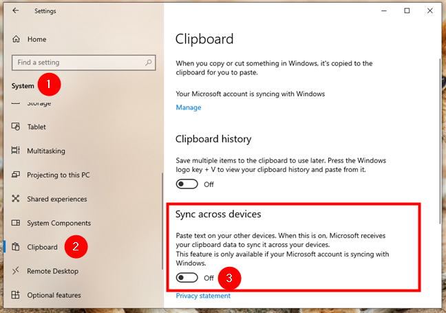 How to turn off clipboard sync in Windows 10