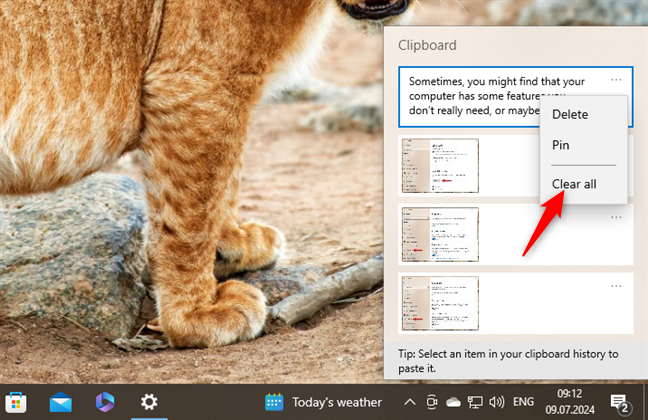 Click or tap Clear all to delete all clipboard items