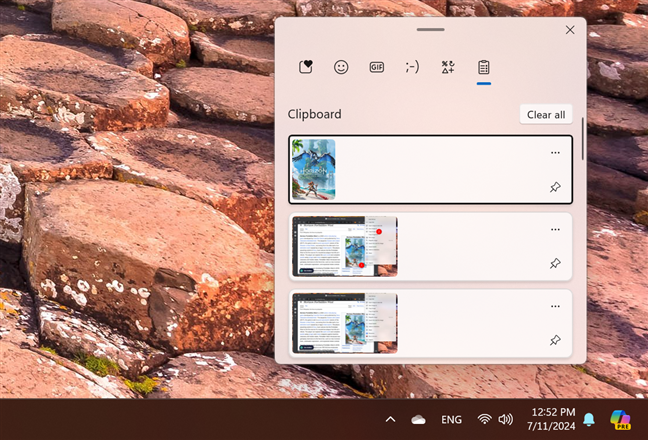 Clipboard items are shown in a list with the most recent at the top