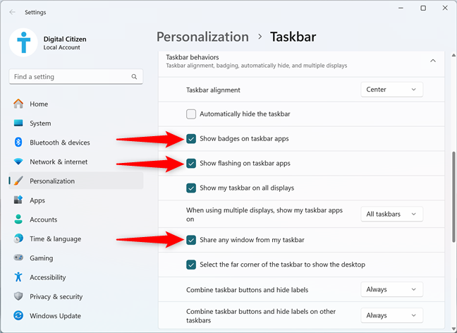 How to show badges, flashing, and sharing options for taskbar apps