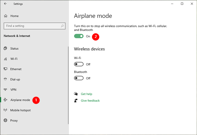 Turn the Airplane mode On or Off from Windows 10's Settings