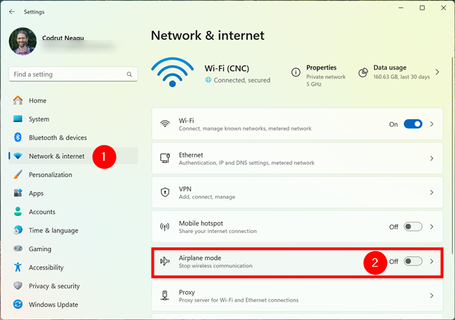 Turn Airplane mode on or off in Windows 11's Settings