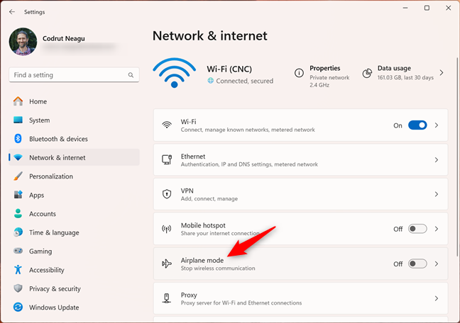Click or tap Airplane mode in Windows 11's Settings